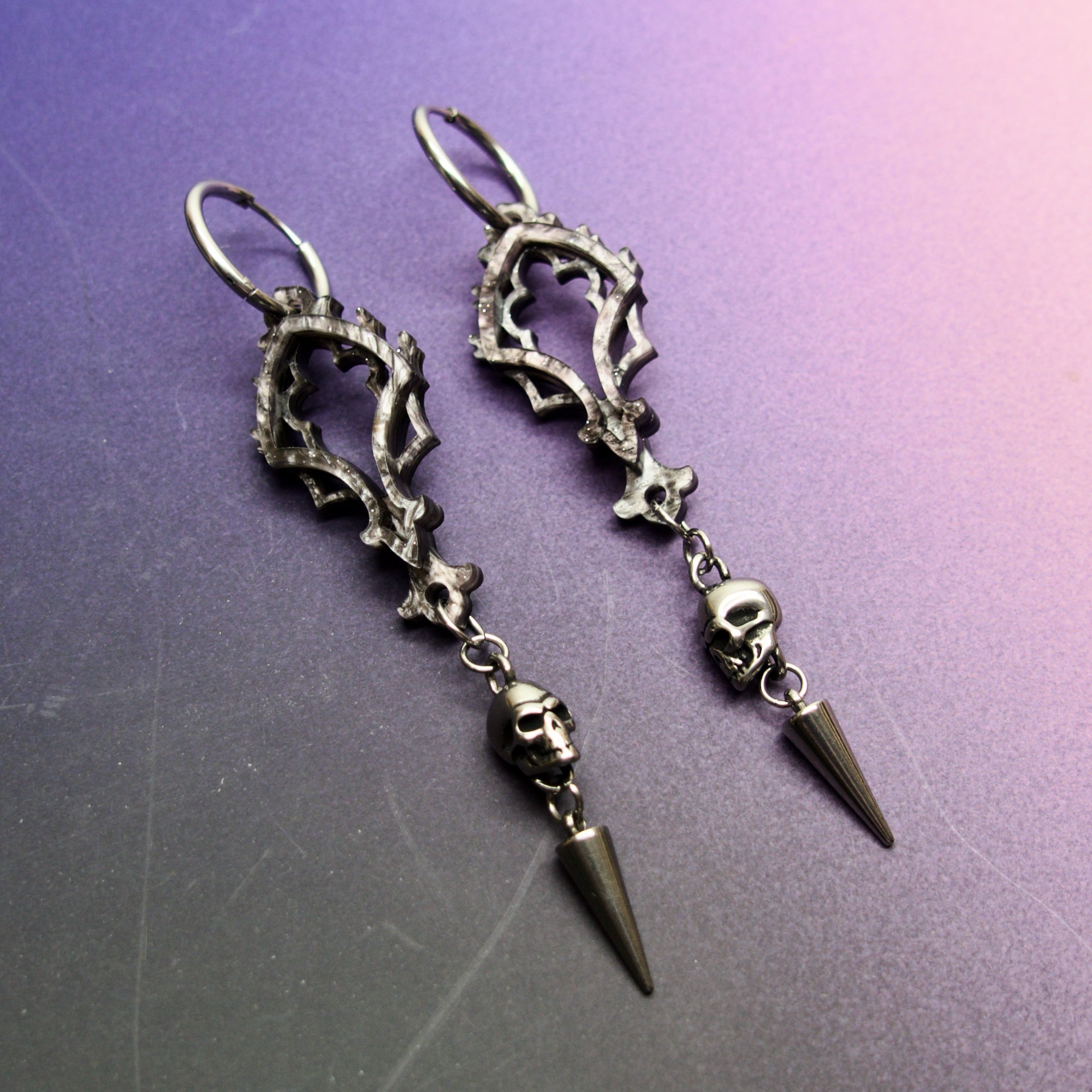 Cathedral Punk Skull Drop Earrings in Smoke