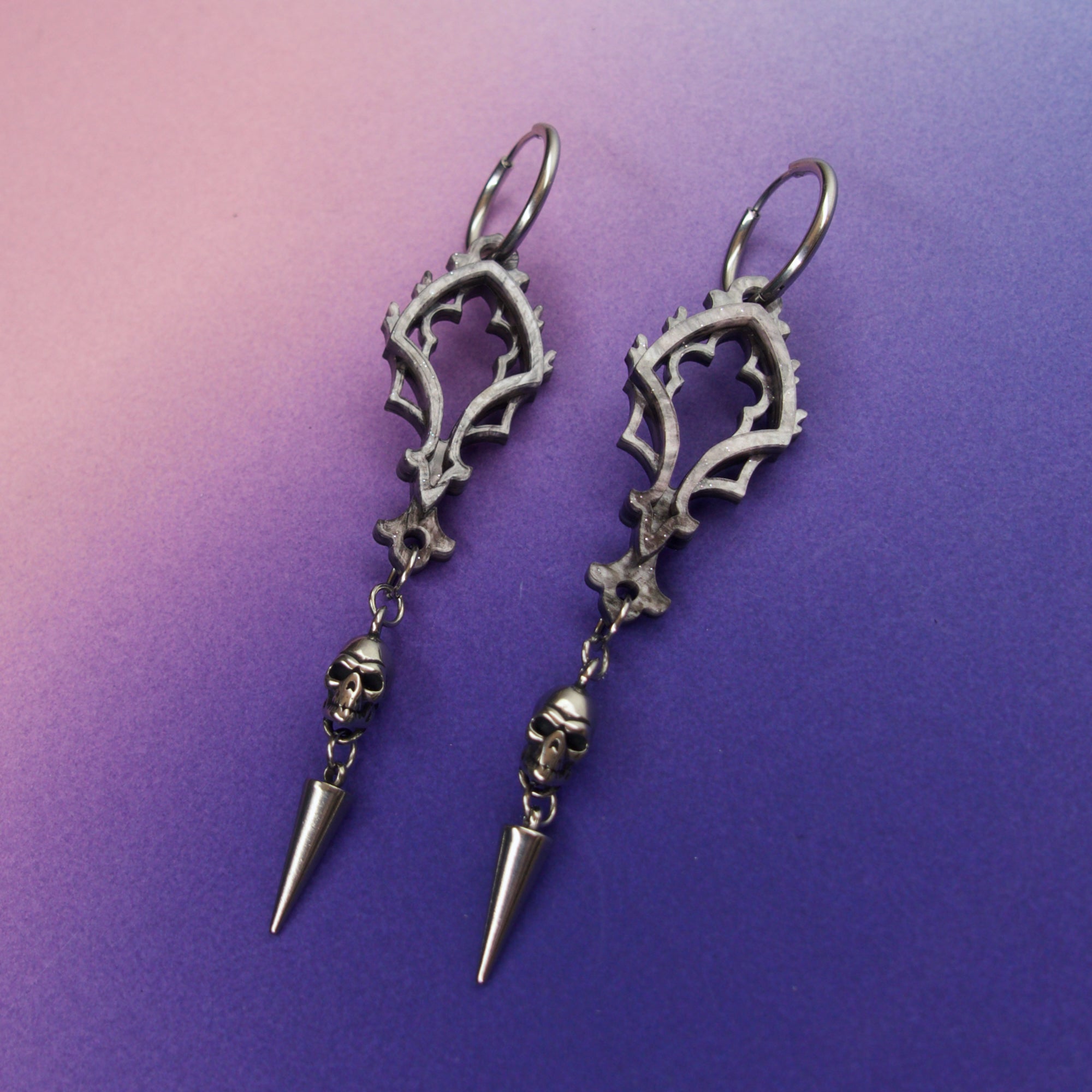 Cathedral Punk Skull Drop Earrings in Smoke