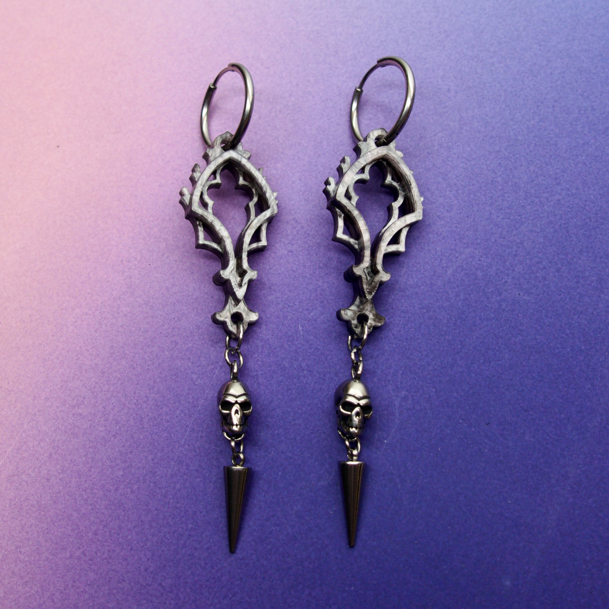 Cathedral Punk Skull Drop Earrings in Smoke