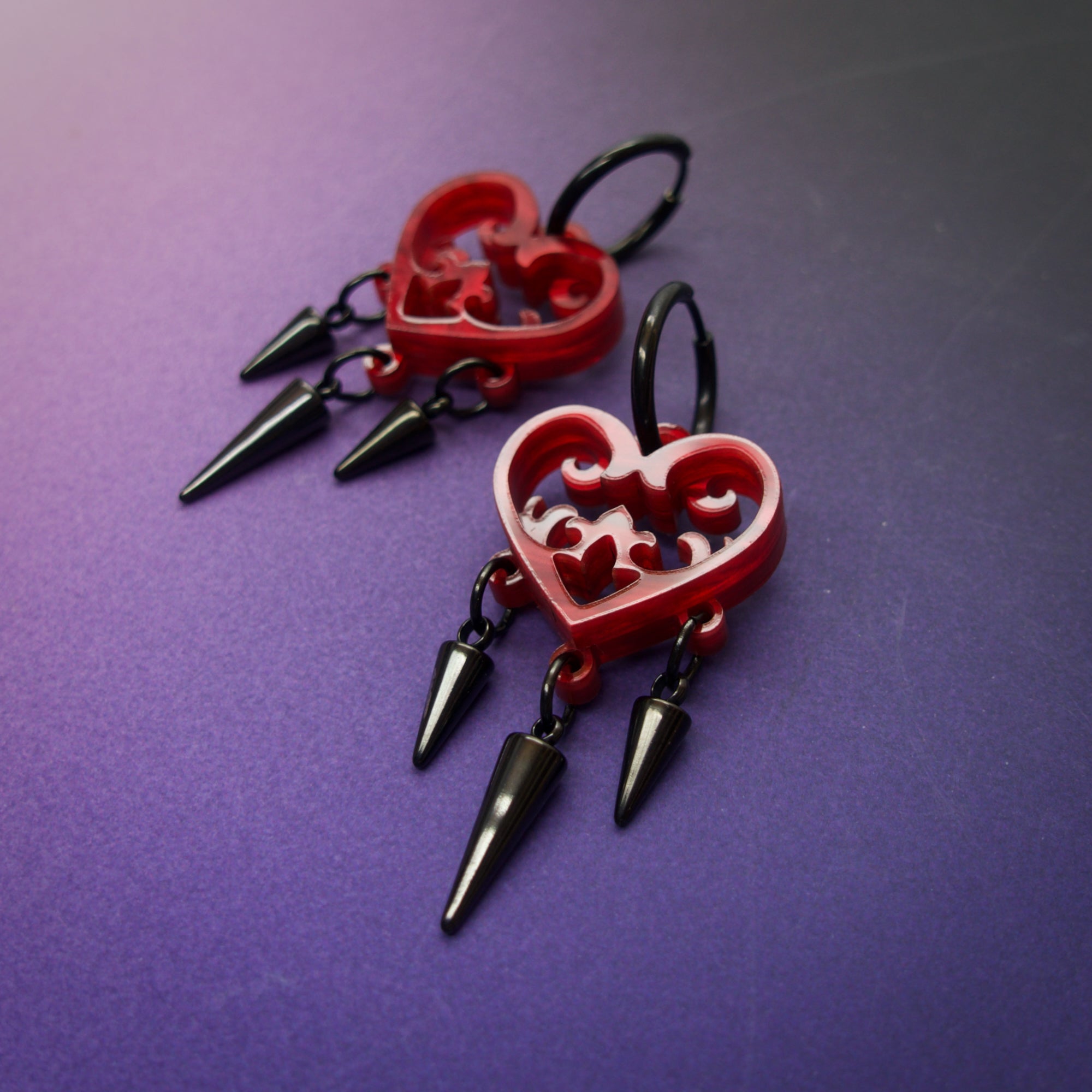 Ornate Blood Red Gothic Heart Earrings