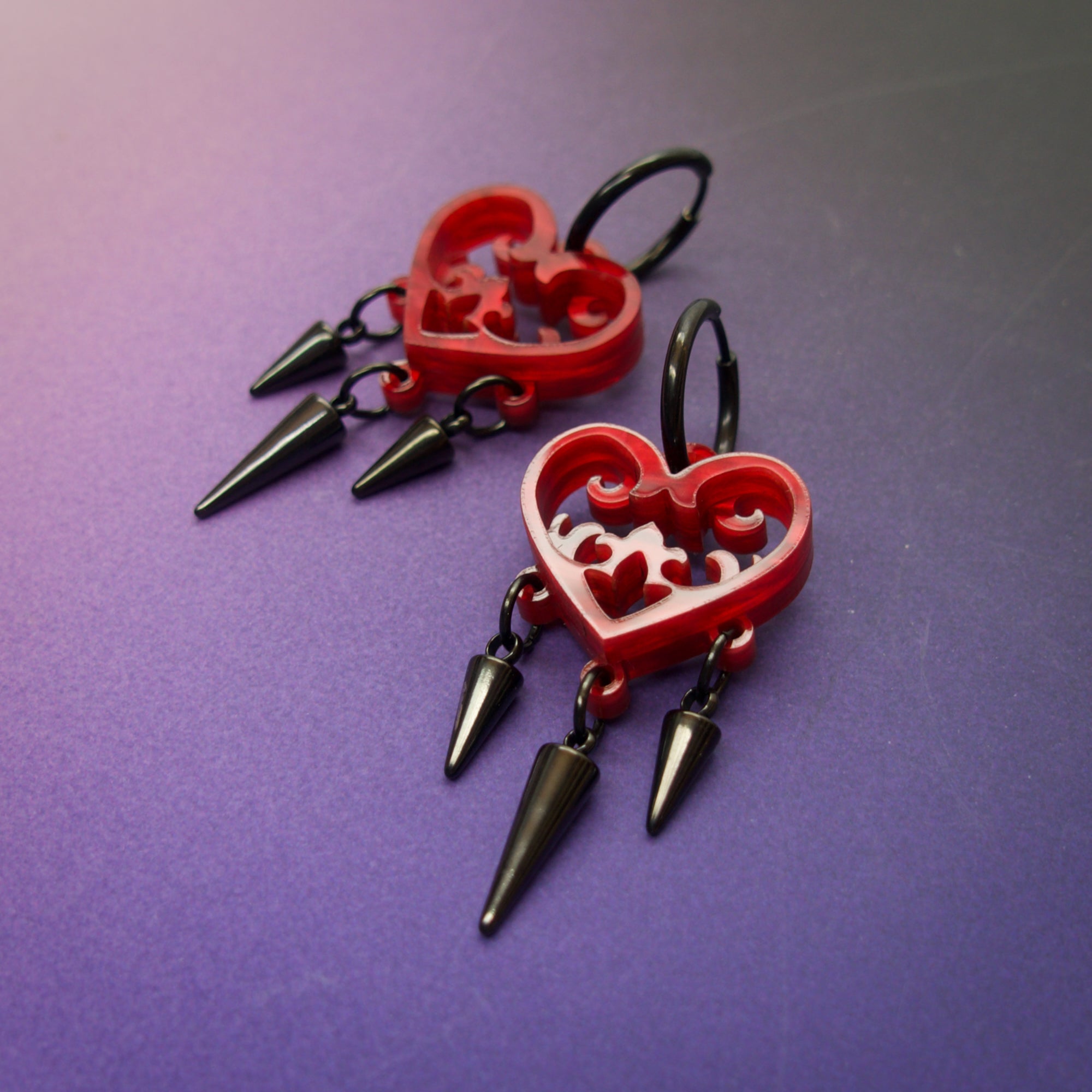 Ornate Blood Red Gothic Heart Earrings