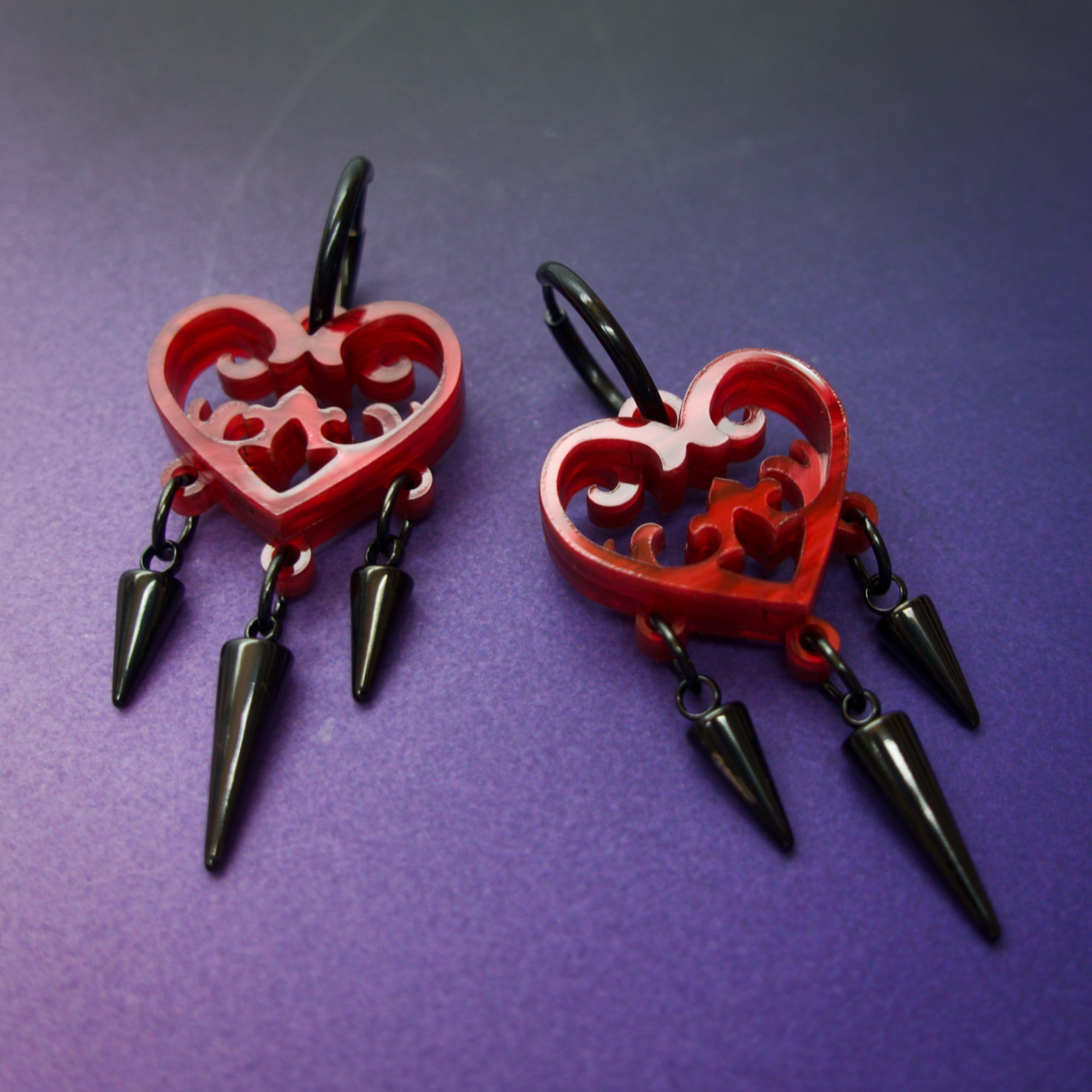 Ornate Blood Red Gothic Heart Earrings