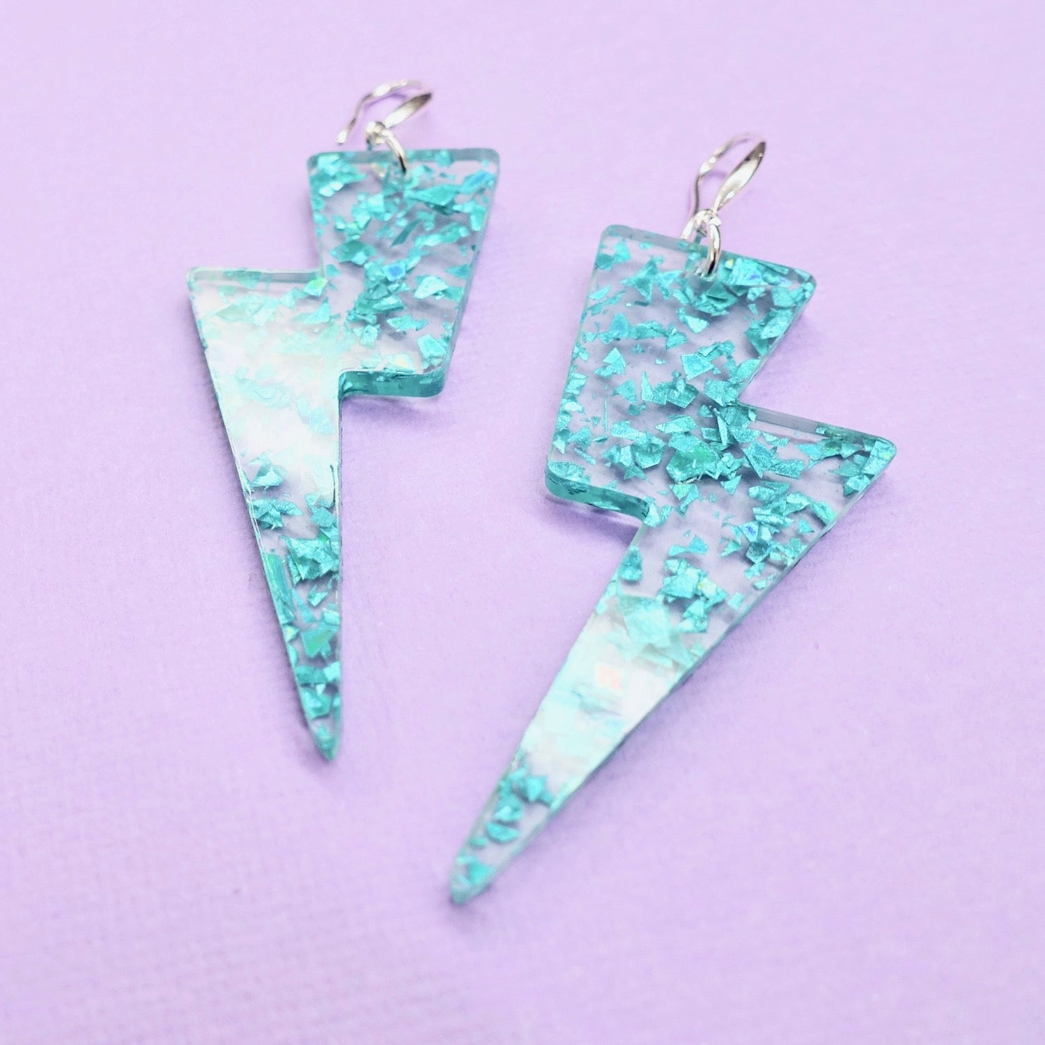 Lightning Bolt Earrings - Turquoise Glitter - edenki