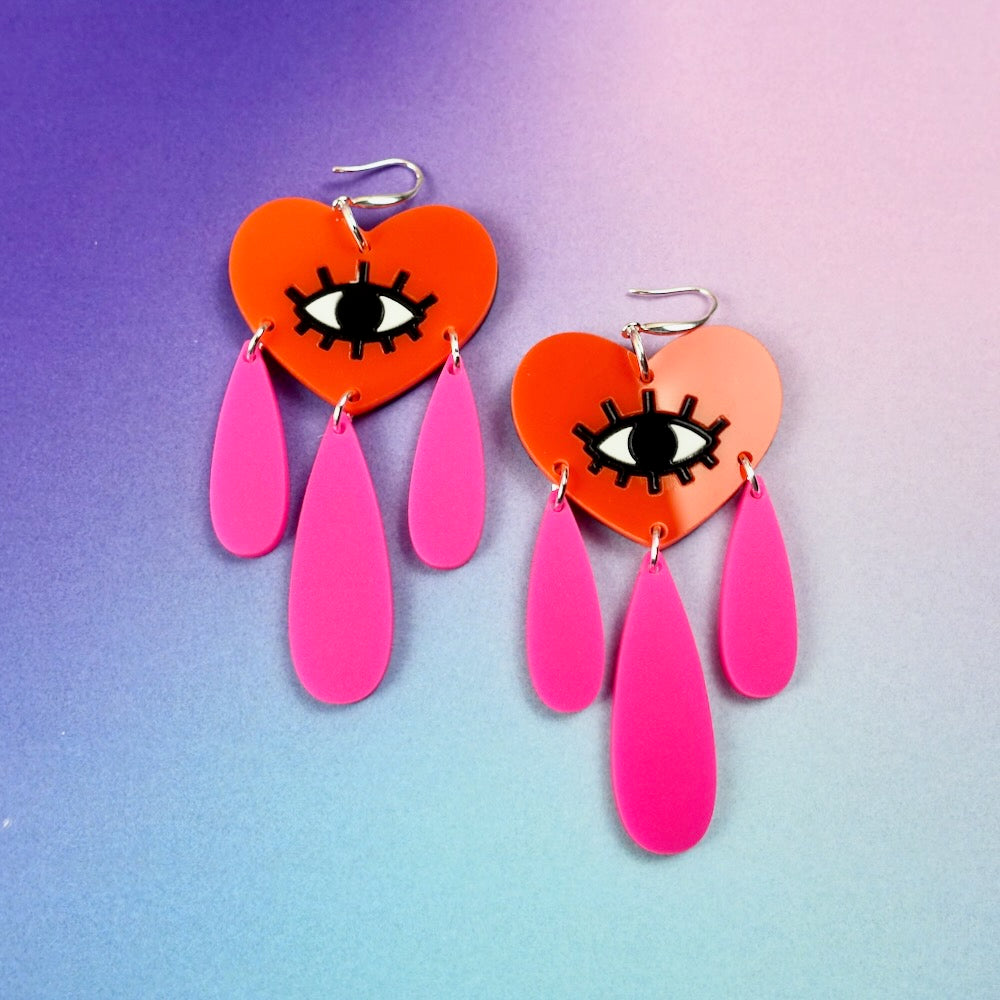 Tattoo inspired orange and pink crying heart earrings