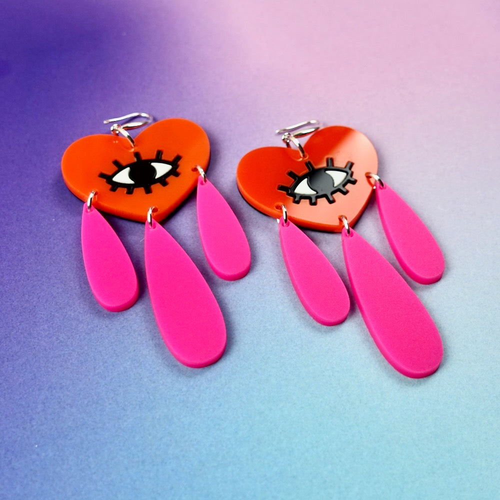 Tattoo inspired orange and pink crying heart earrings