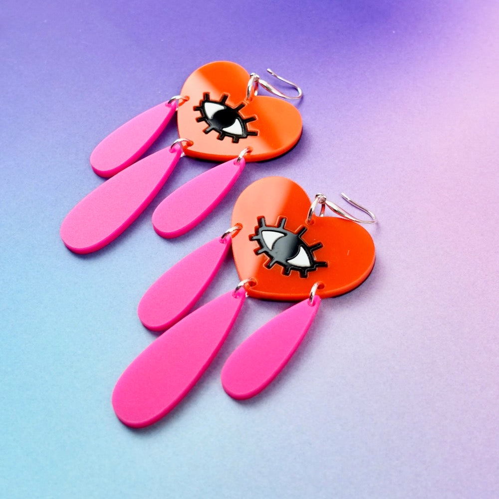 Tattoo inspired orange and pink crying heart earrings