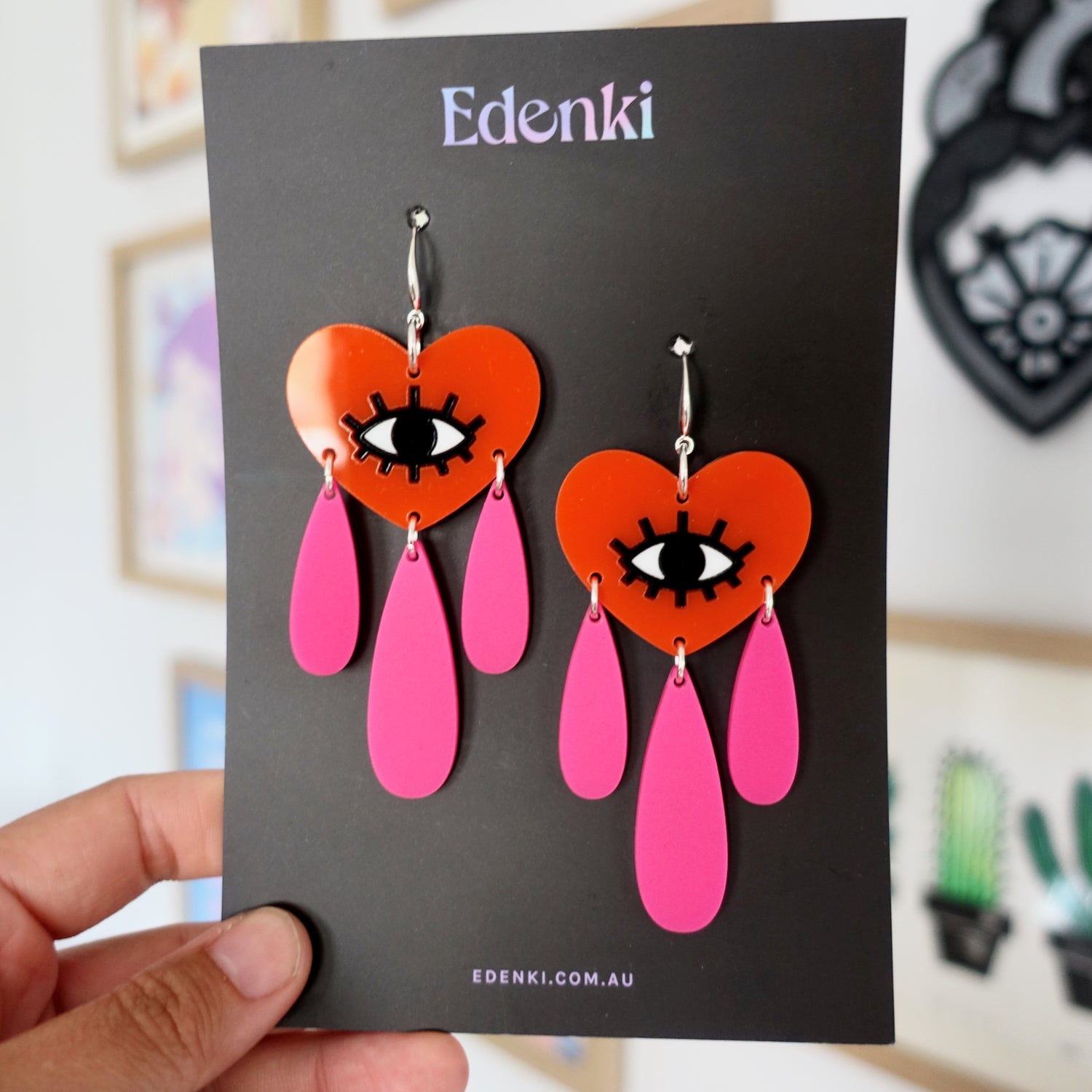 Tattoo inspired orange and pink crying heart earrings